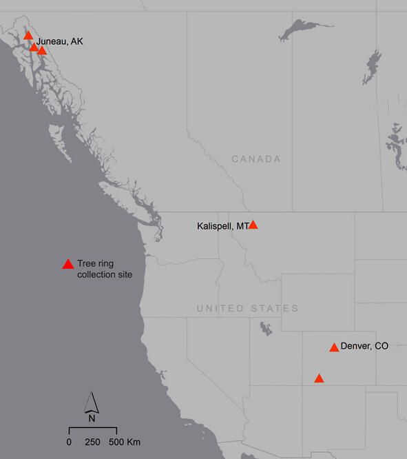 Map of tree-ring data sites from three distinct climate zones