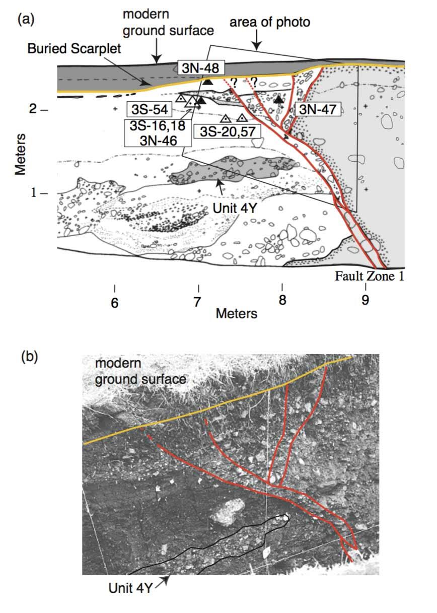Trench log (a) and photograph (b) of exposure on the northeast side of the pressure ridge