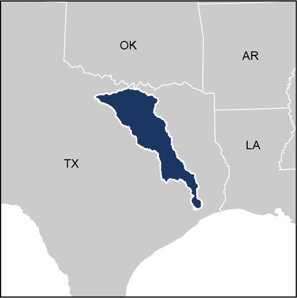 Grey map of the Gulf coast with the Trinity River watershed highlighted in blue