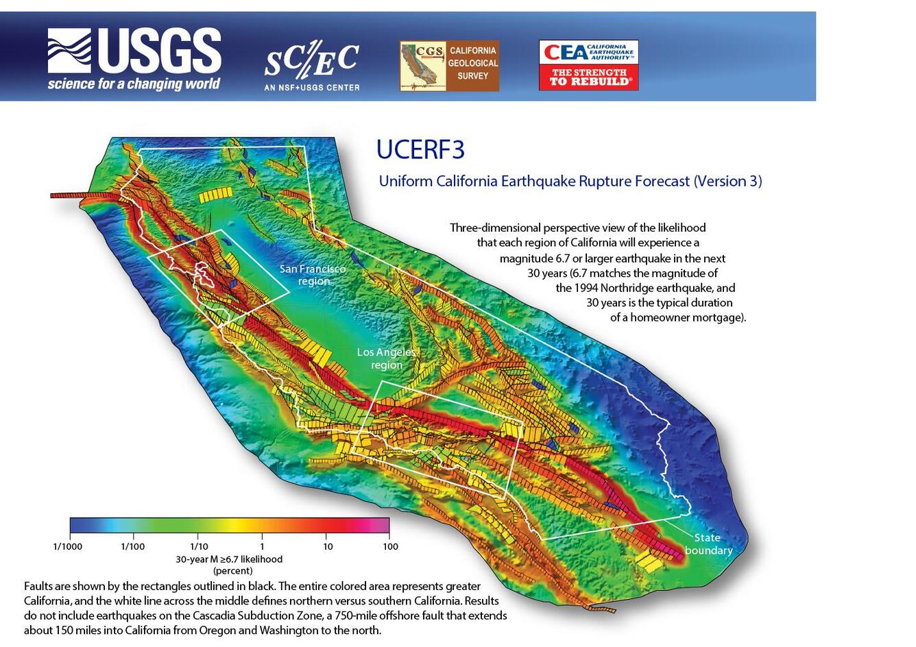 3D perspective view of the likelihood that each region of California will experience a magnitude 6.7 within 30 years