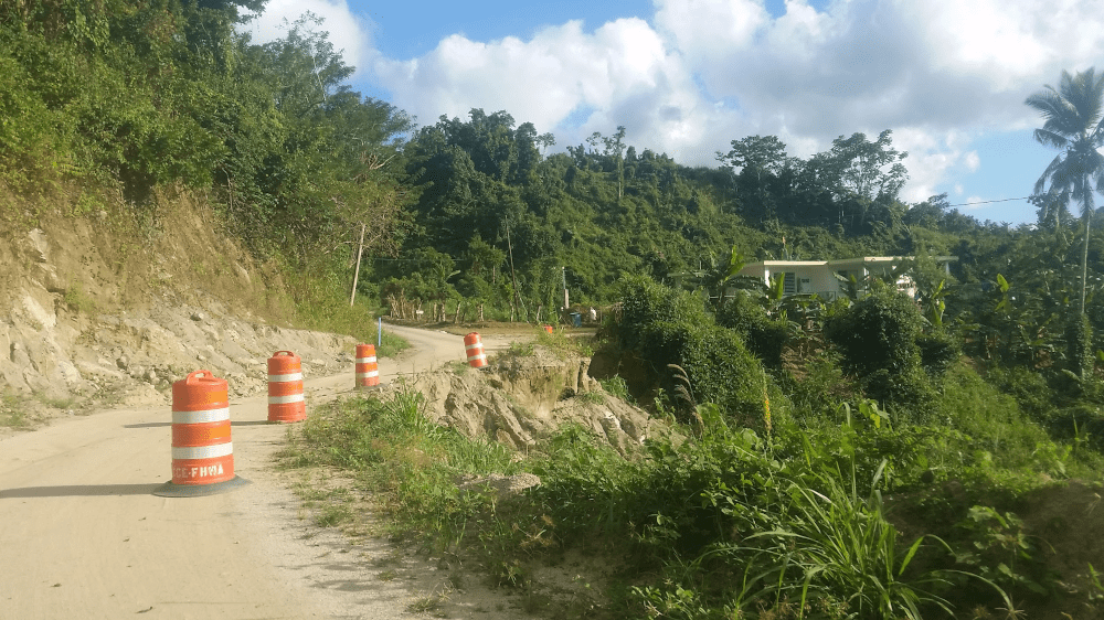 A road damaged by a landslide in Puerto Rico.