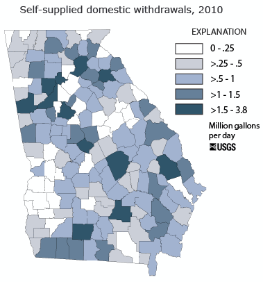 Map showing self-supplied domestic water withdrawals, by county, for Georgia in 2010.