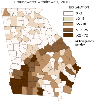 Map showing total groundwater withdrawals, by county, for Georgia in 2010.
