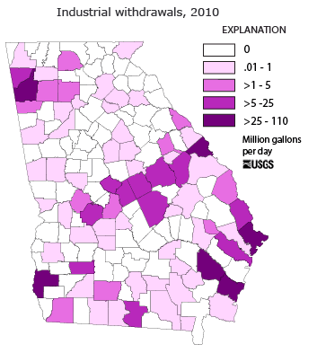 Map showing industrial water withdrawals, by county, for Georgia in 2010.