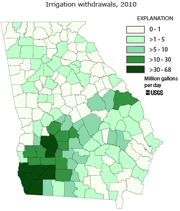 Map showing irrigation water withdrawals, by county, for Georgia in 2010.