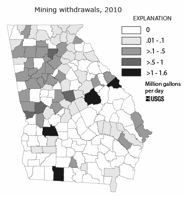 Map showing mining water withdrawals, by county, for Georgia in 2010.