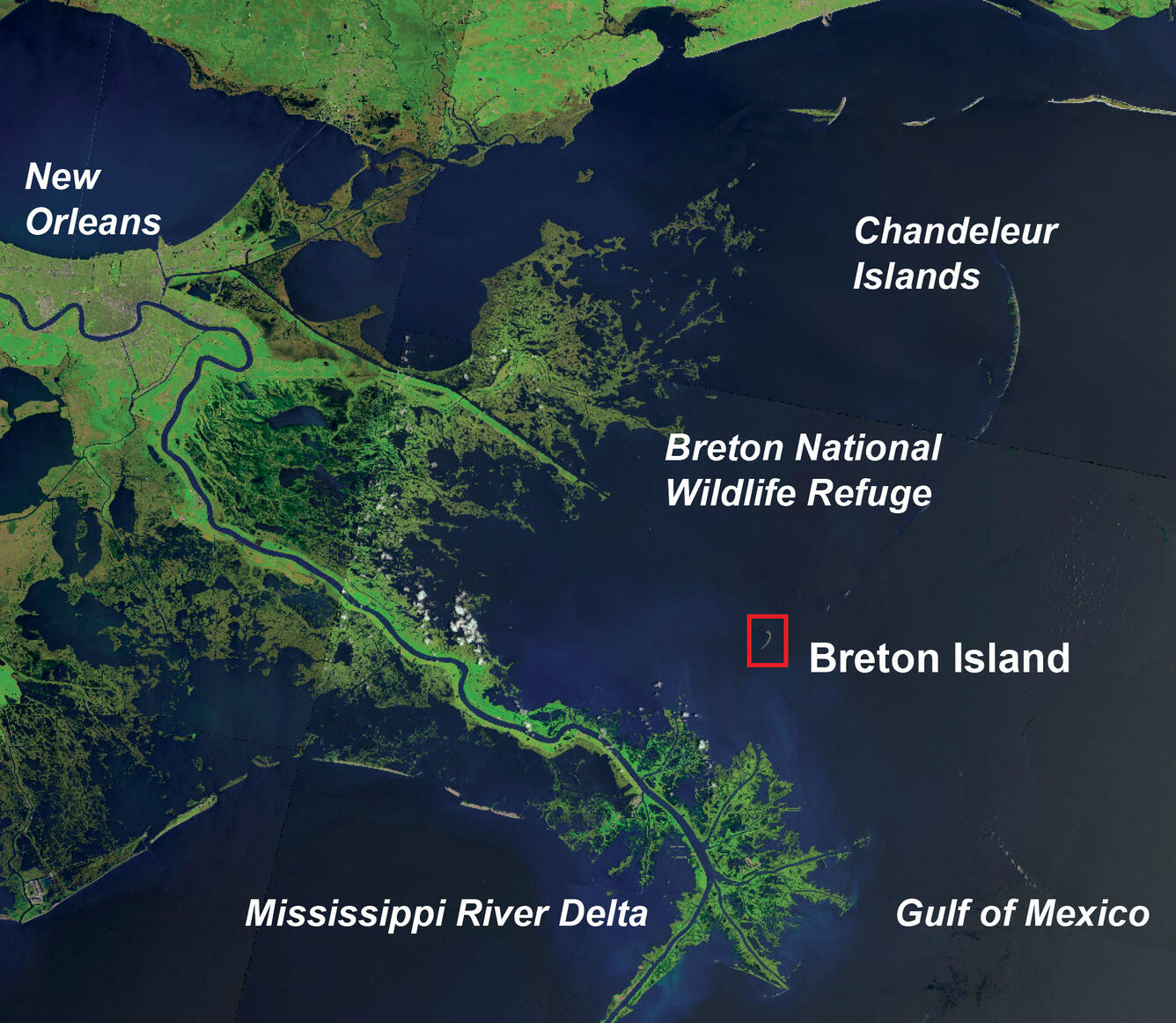 USGS Landsat 8 satellite imagery (2014) showing the location of Breton Island within the Breton National Wildlife Refuge