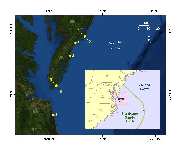 Locations of observed coastal change in Virginia due to Hurricane Sandy.