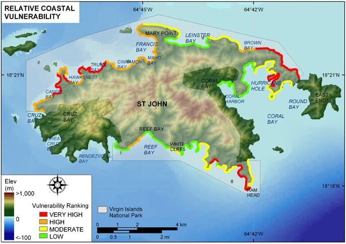 Map of Relative Coastal Vulnerability for Virgin Islands National Park.
