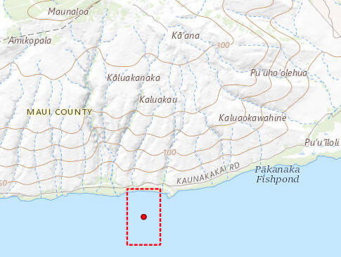 Map shows a box drawn around a dot offshore of an island to show the location of a study area.