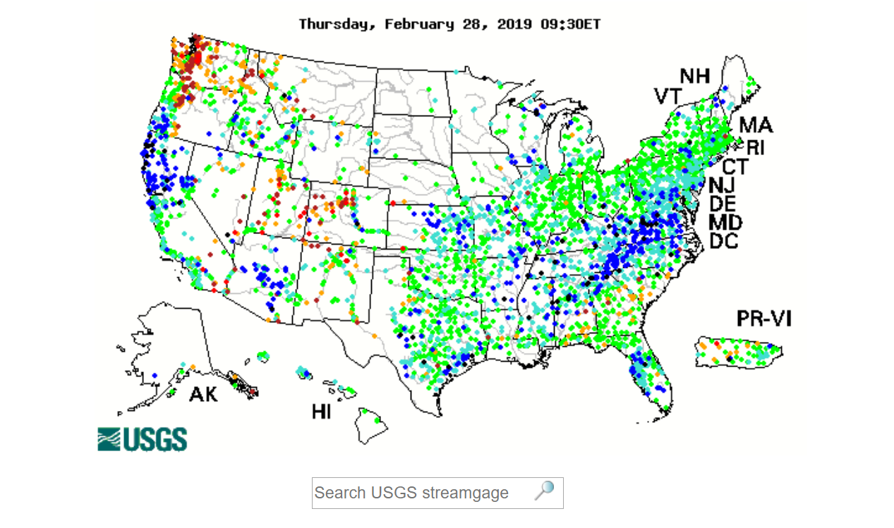 WaterWatch map showing current streamflow conditions as of February 28, 2019