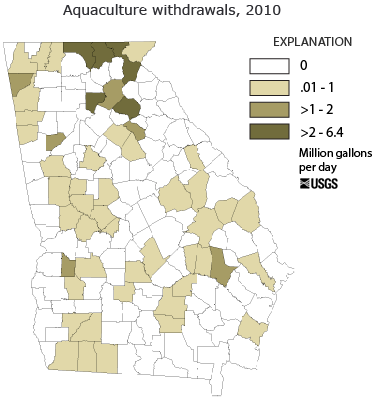 Aquaculture water withdrawals map, by county, for Georgia in 2010.