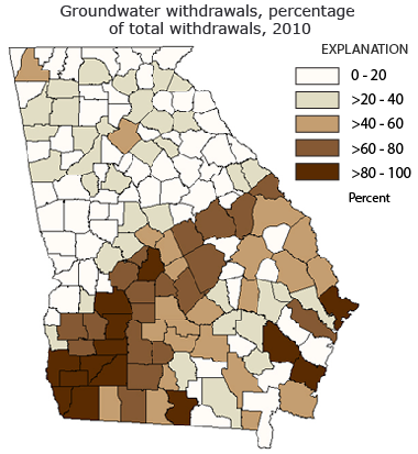 Groundwater withdrawals map, as percentage of total withdrawals, by county, for Georgia in 2010