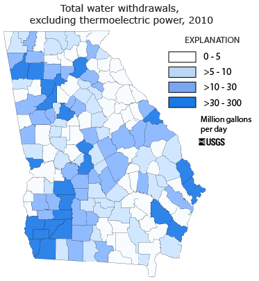Total water withdrawals, excluding thermoelectric power map, by county for Georgia, 2010