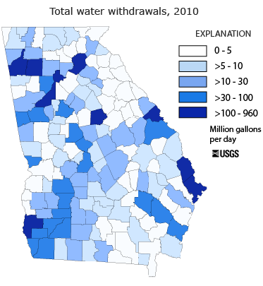 Total water withdrawals map, by county, for Georgia, 2010