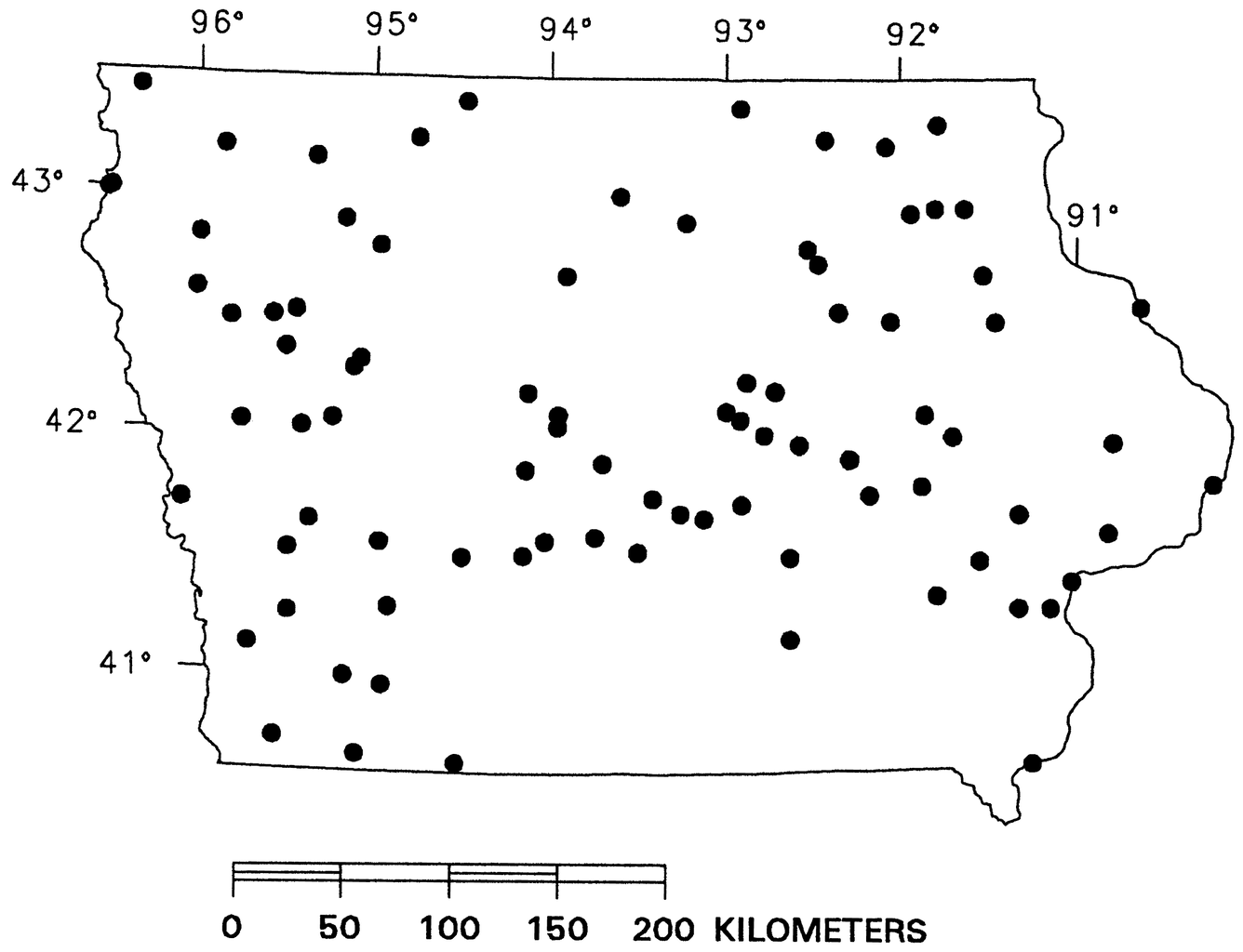Map of the location of 88 municipal wells from the major aquifer types across Iowa that were sampled during the summer of 1996. 