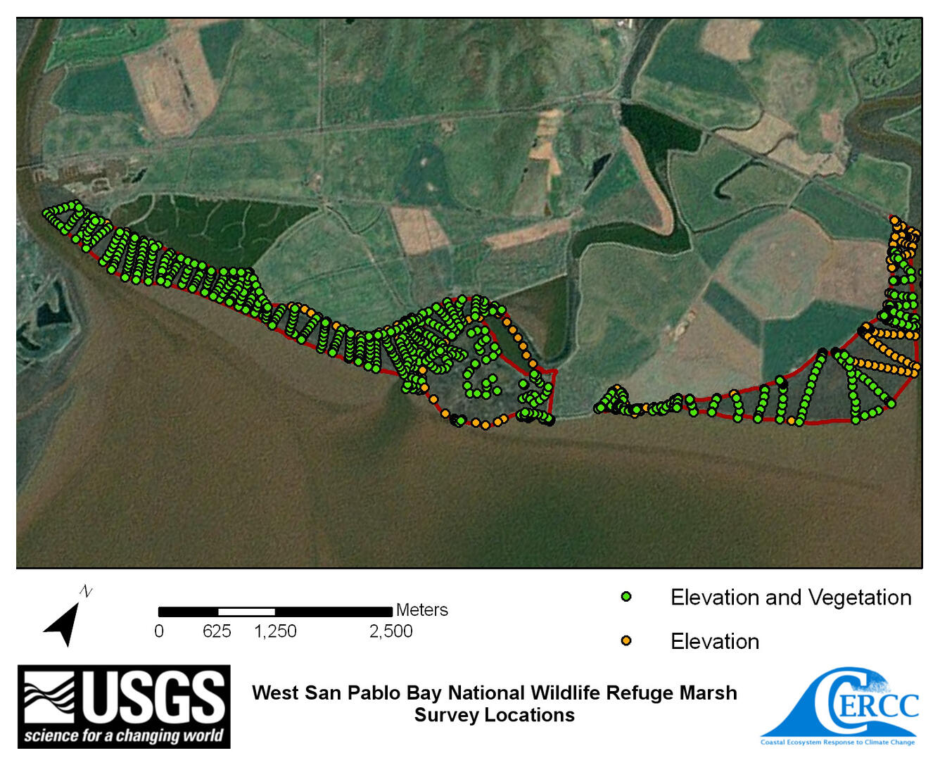 WERC Map of elevation sampling point locations at the West San Pablo Bay Marsh