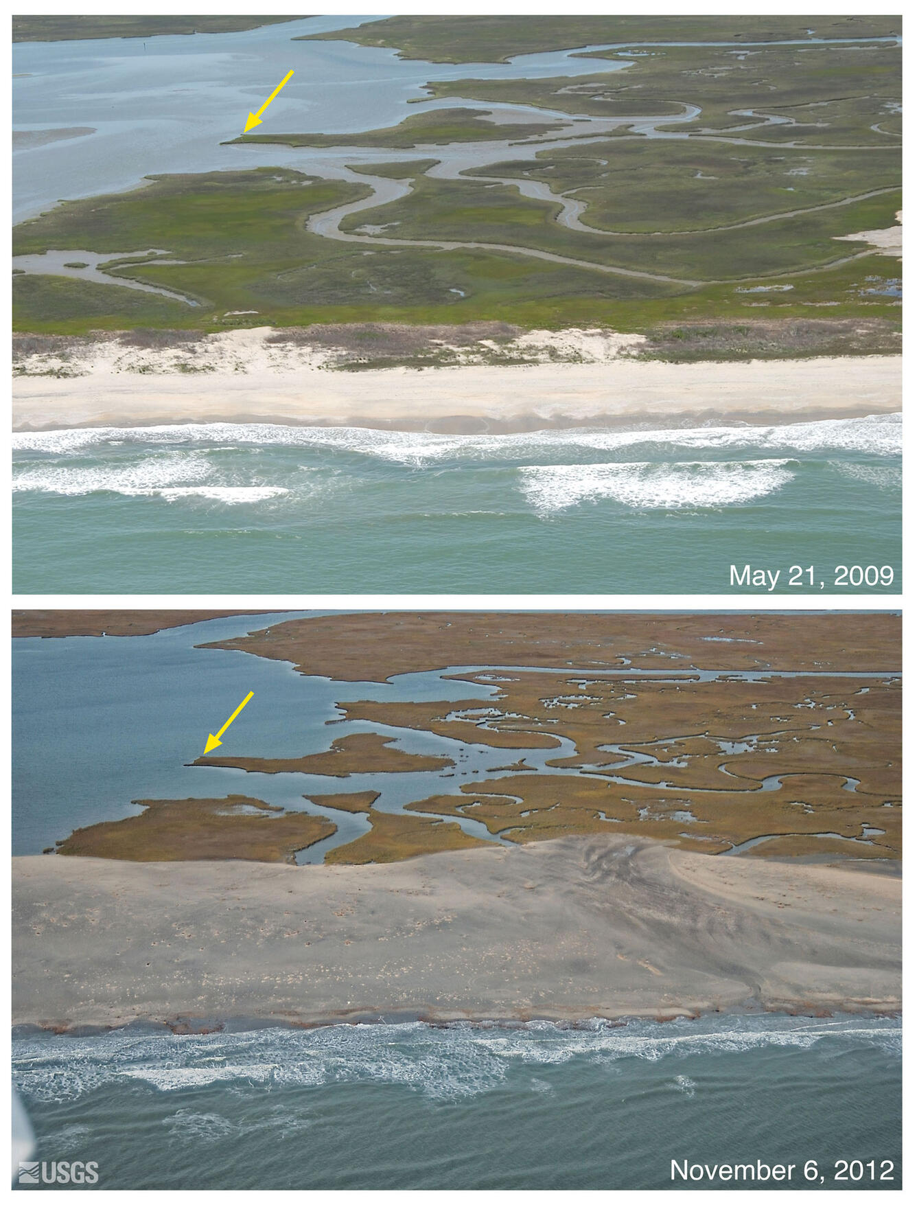 Two aerial photographs of the Virginia barrier island coastline, before/after Hurricane Sandy.