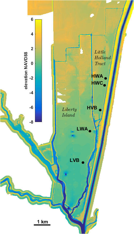 Map of elevation and water depth shows channels and other features of a marsh, plus dots for instrument locations.
