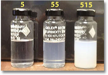 Bottles of water showing various turbidity levels and cloudiness.