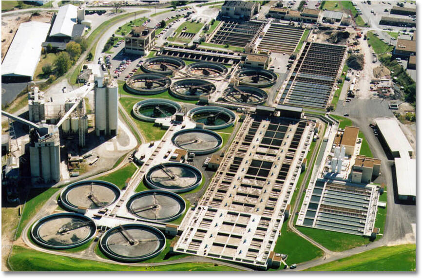 Aerial view of a sewage treatment plant.