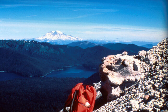 Spirit Lake and Mount Rainier viewed from Sugar Bowl in 1974, Mount...