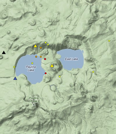 Map showing earthquakes located within the Newberry caldera from 20...