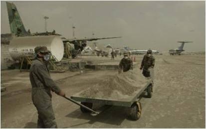 Soldiers Hauling Ash at Quito's International Airport...