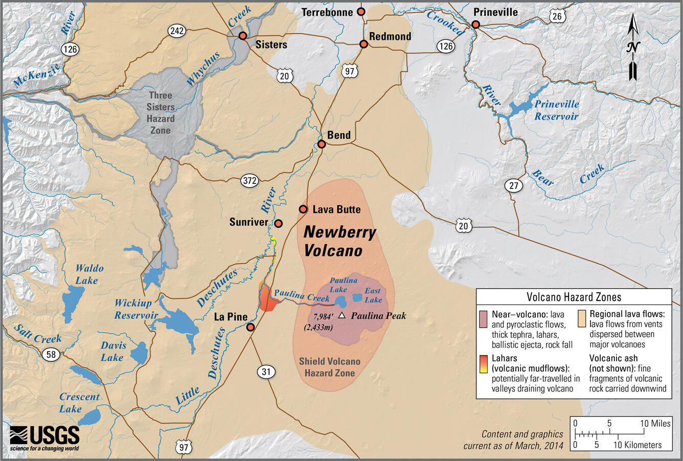 Newberry Volcano, Oregon simplified hazards map showing potential i...