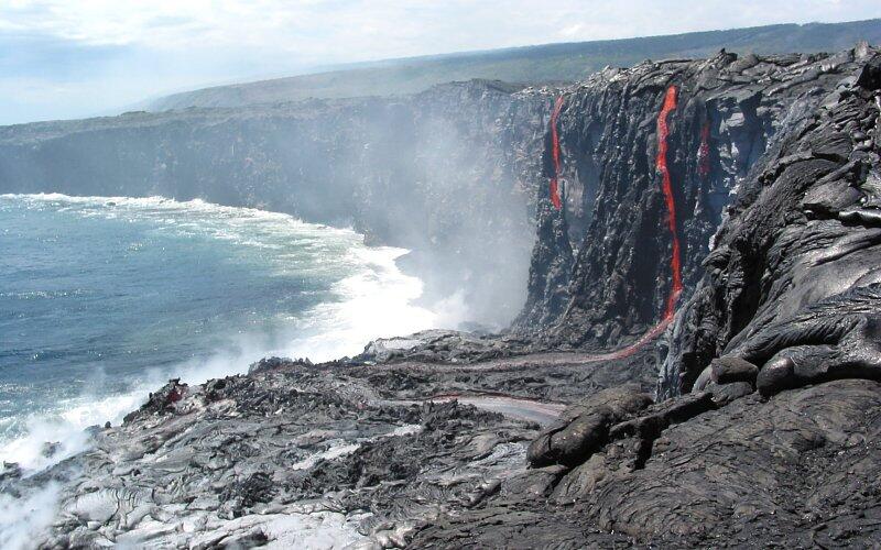 Close view of the lava falls in the image above shows cones of lava...