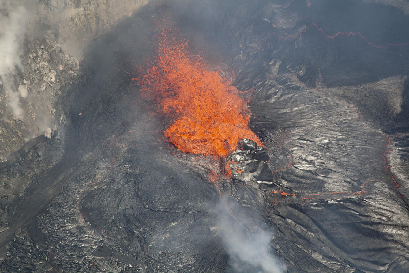 The spatter from the lava lake was landing, in part, on the ledge a...