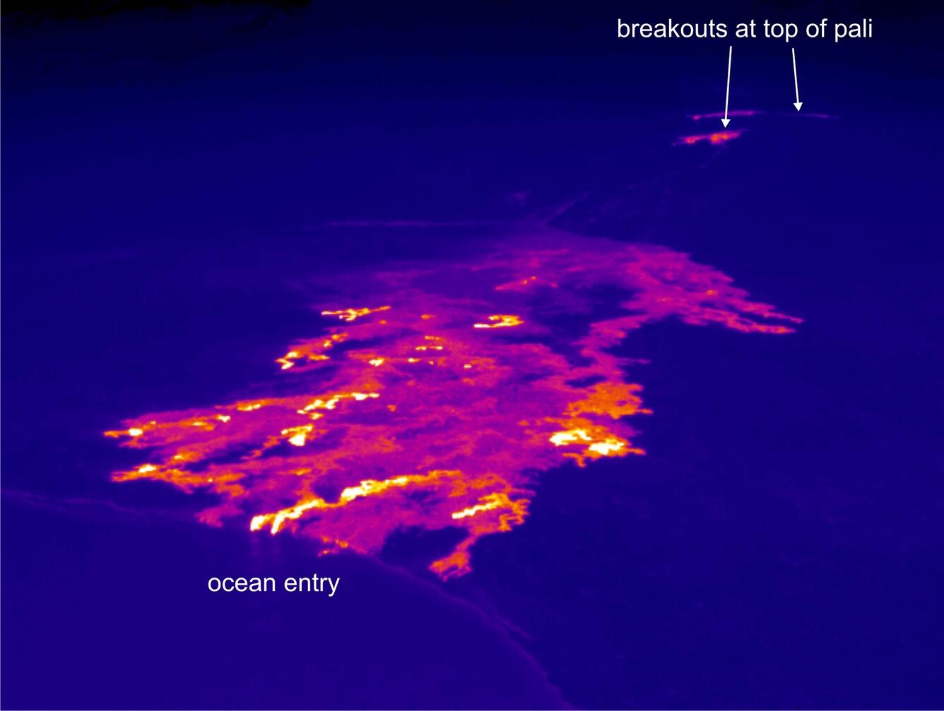 This thermal image shows the scattered breakouts on the coastal pla...