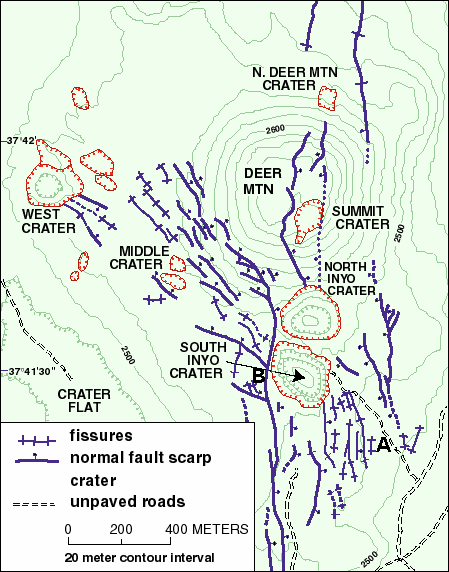 Map of the fissures and faults in the Inyo Craters area.