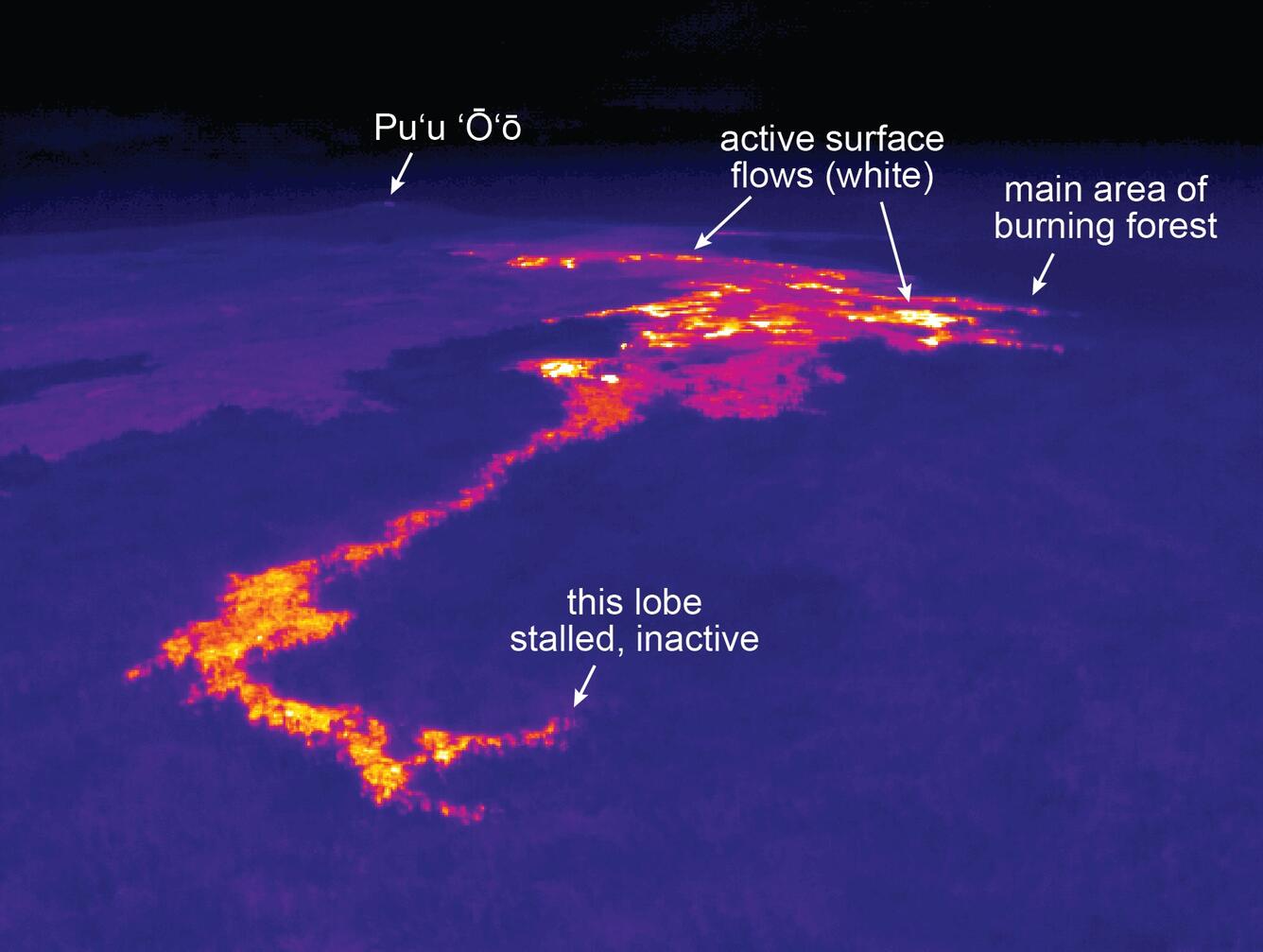 This thermal image shows the front of the Kahauale‘a 2 flow. A nar...