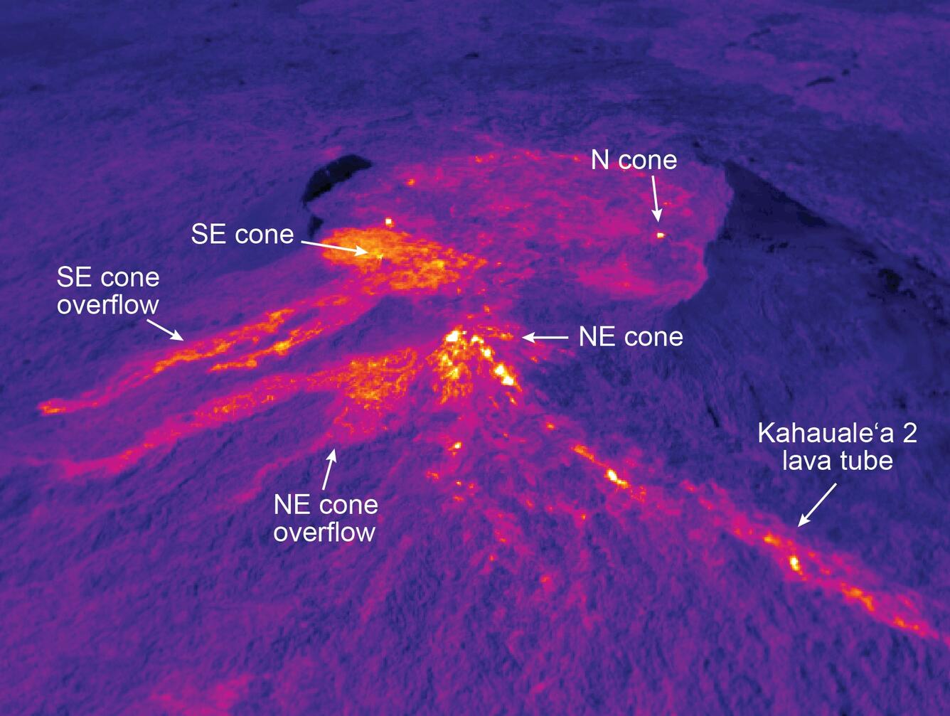 This thermal image shows Pu‘u ‘Ō‘ō (see visual photograph at left f...