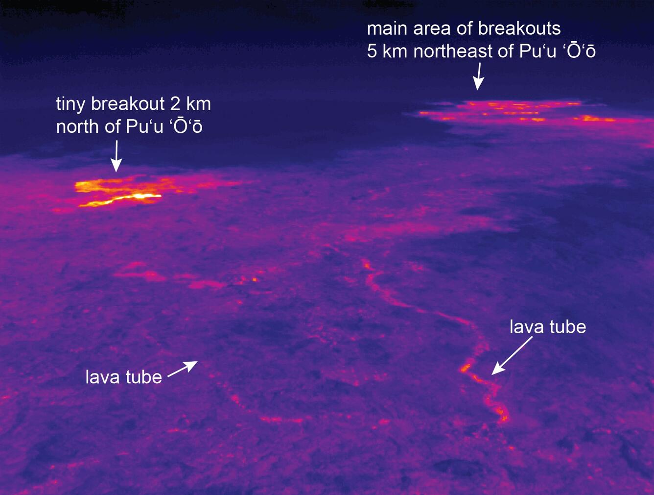 This thermal image looks northeast from Pu‘u ‘Ō‘ō, and shows how th...