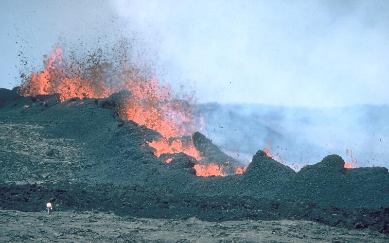 Lava fountains from fissure vents of the 1984 eruption of Mauna Loa...