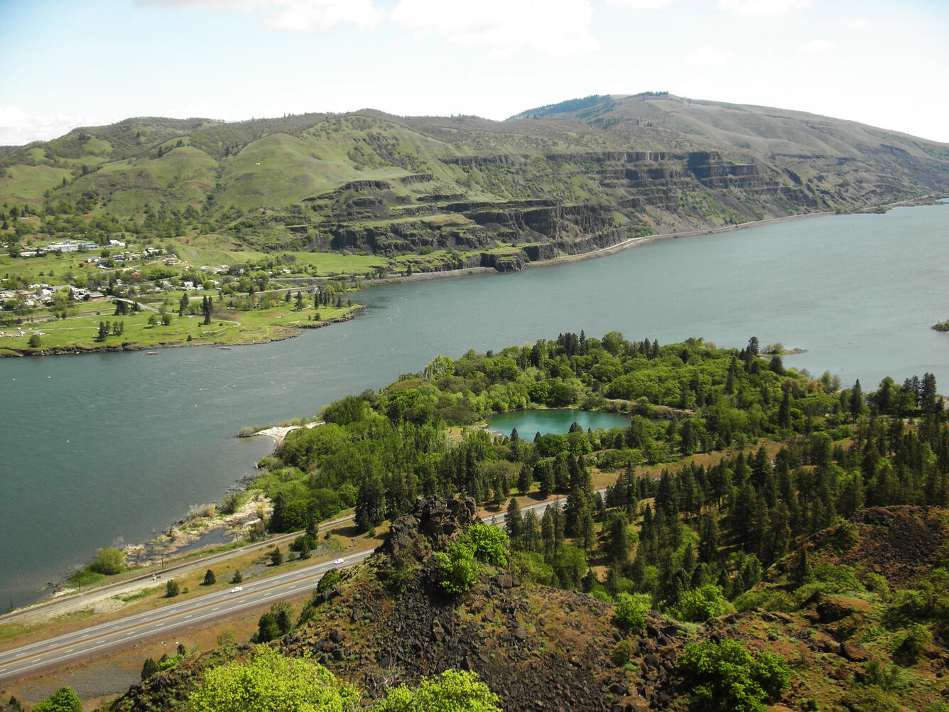 Flood basalt lava flow in stacked layers viewed eastward across the...