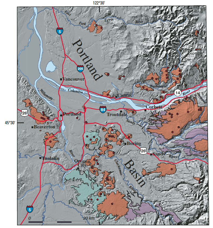 Boring Volcanic Field map and Portland Basin on a hillshade image. ...