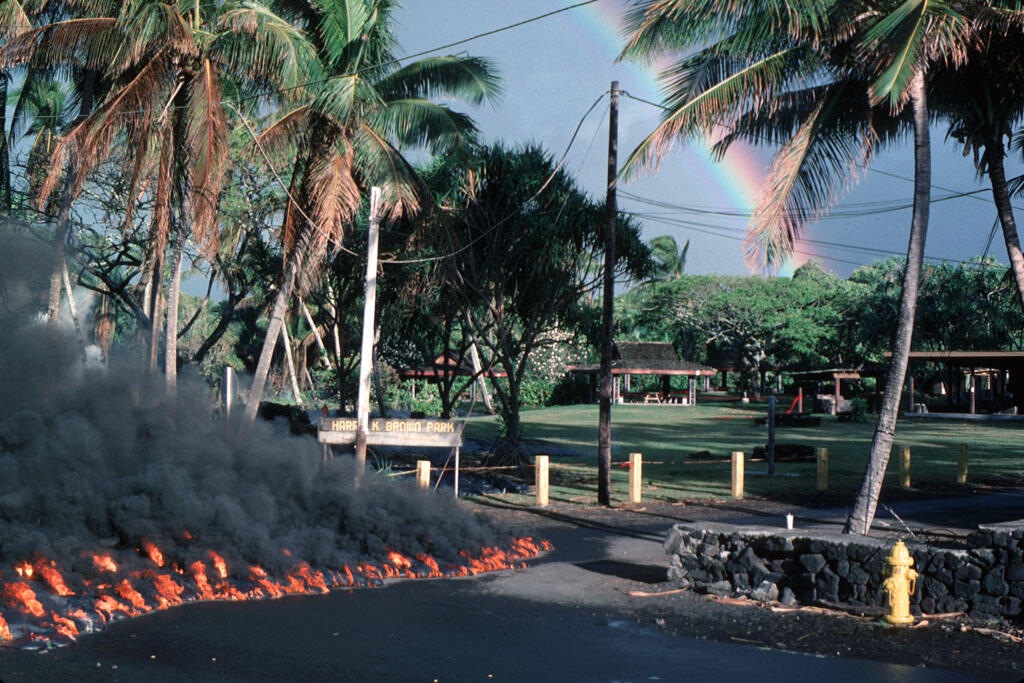 Lava enters Harry K. Brown Park in Kalapana, Kīlauea Volcano, Hawai...