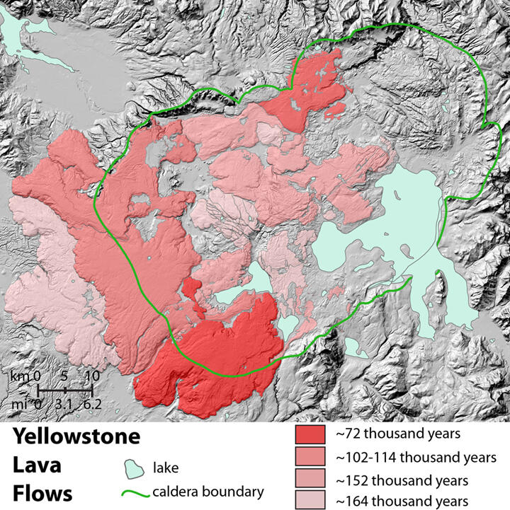 Map of post-caldera lava flows from Yellowstone volcano. Flow dated...