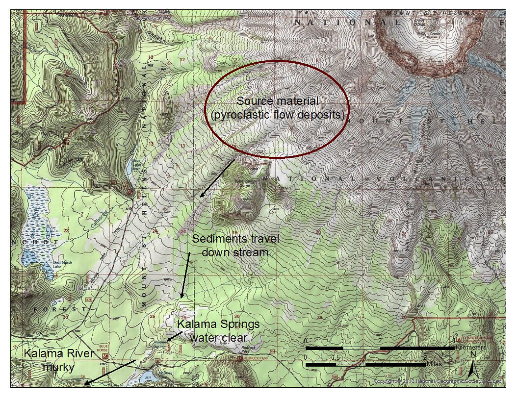 Path of small debris flows originating above Butte Camp, Mount St. ...