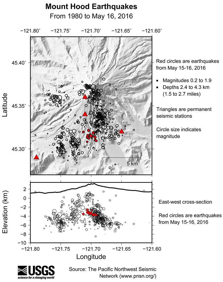 Map view of earthquakes (circles) near Mount Hood between 1980 and ...