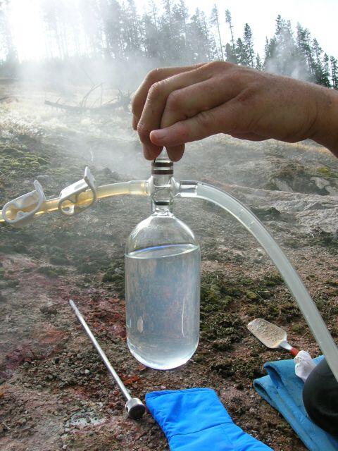 Gas sample in Giggenbach Bottle from fumarole at Rabbit Creek, Lowe...