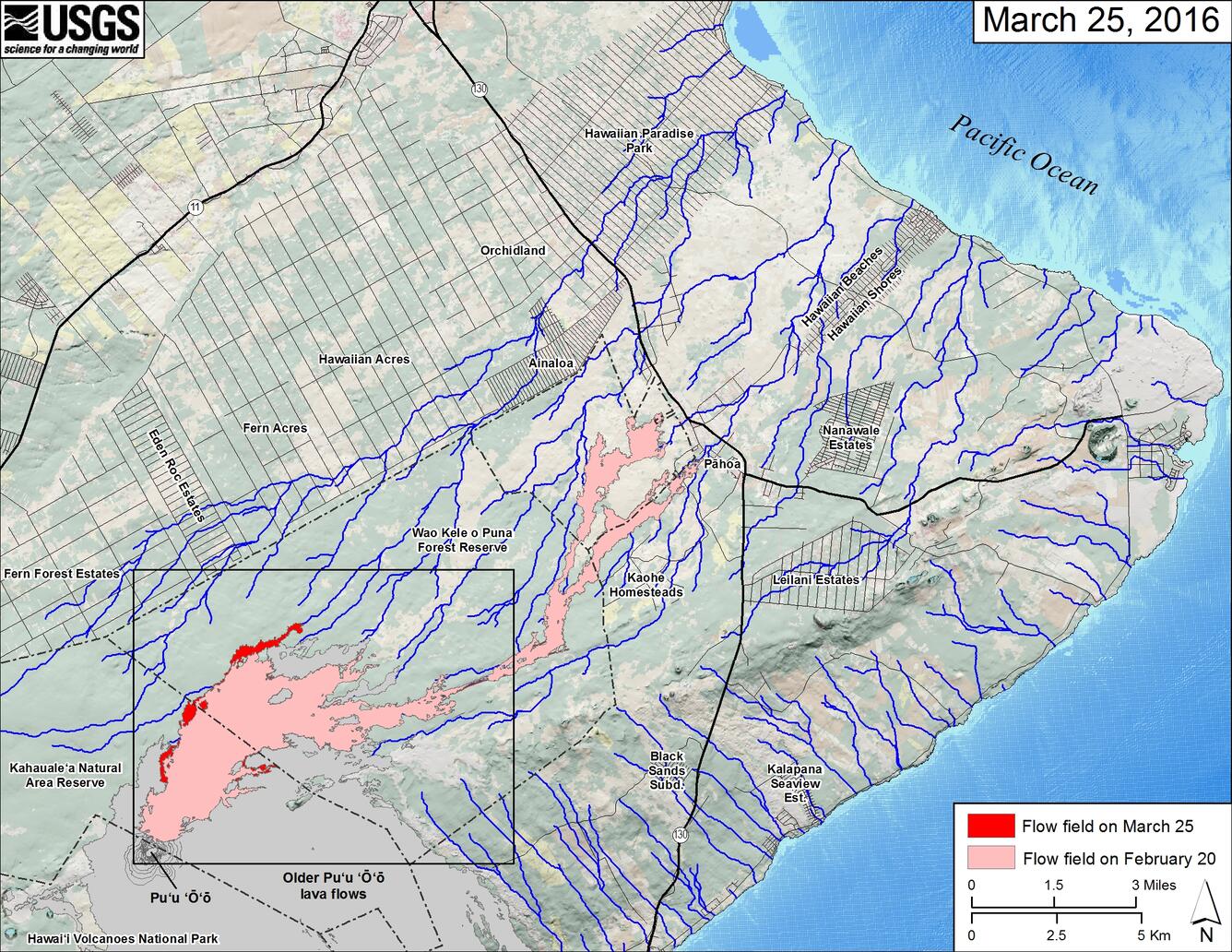 Map of June 27th lava flow and steepest descent paths near Pāhoa, K...