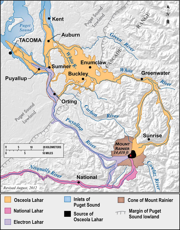 Lahar pathways from events heading on Mount Rainier - map showing t...