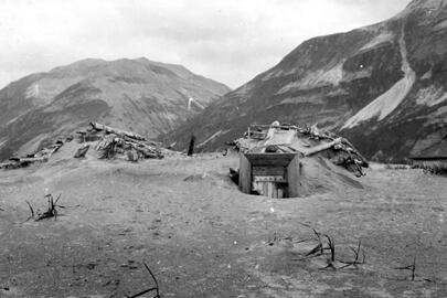 Katmai National Park and Preserve, Alaska. Ash drifts around houses...