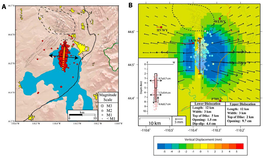 Maps of Yellowstone Lake earthquake swarm (2008-2009) with a model ...