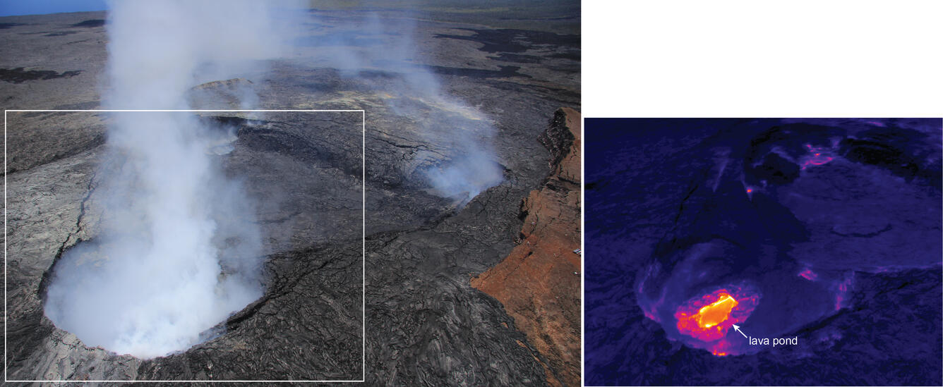 Pu‘u ‘Ō‘ō crater remains partly obscured by thick fume. In particu...