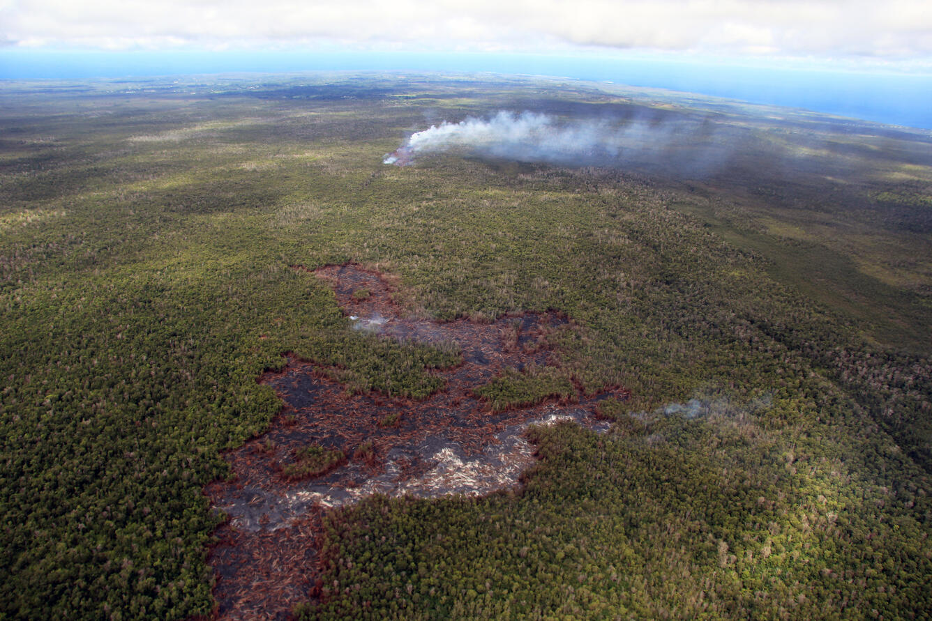 A wide view of the leading edge of the June 27th lava flow, looking...